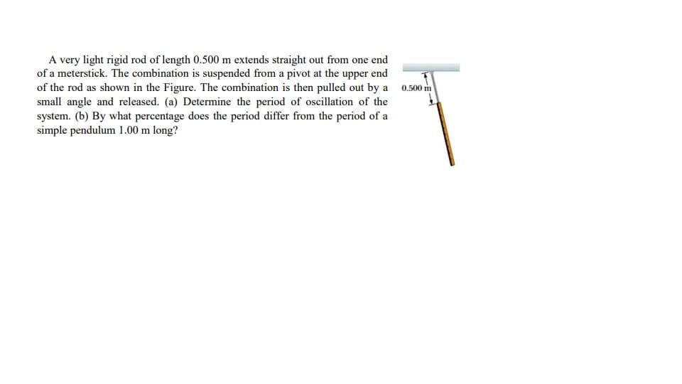 A very light rigid rod of length 0.500 m extends straight out from one end
of a meterstick. The combination is suspended from a pivot at the upper end
of the rod as shown in the Figure. The combination is then pulled out by a 0.500 m
small angle and released. (a) Determine the period of oscillation of the
system. (b) By what percentage does the period differ from the period of a
simple pendulum 1.00 m long?
