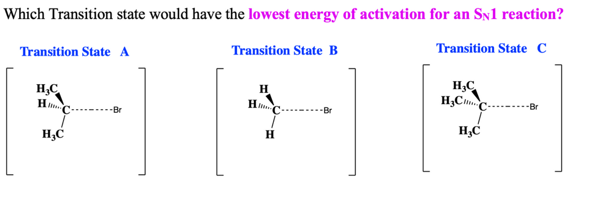 Which Transition state would have the lowest energy of activation for an Sn1 reaction?
Transition State A
Transition State B
Transition State C
H3C
H
H3C
H;C.
H
--Br
--Br
------Br
H3C
H
H;C
