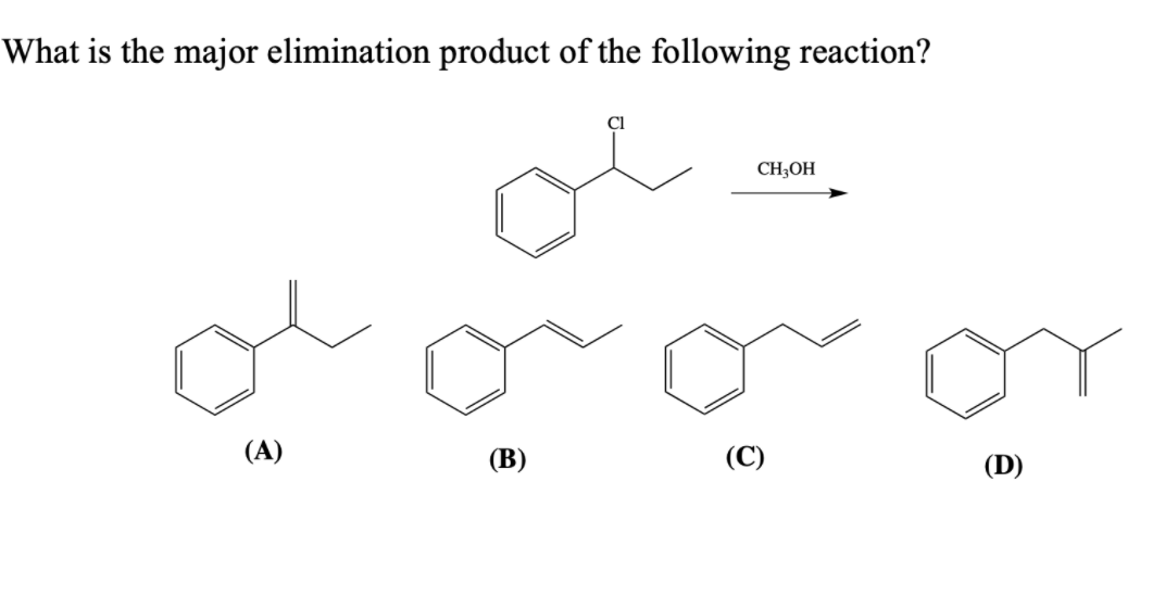 What is the major elimination product of the following reaction?
CH;OH
(A)
(B)
(C)
(D)
