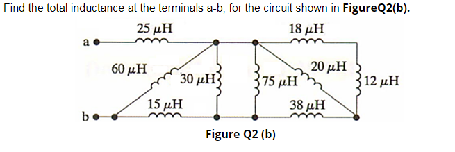 Find the total inductance at the terminals a-b, for the circuit shown in FigureQ2(b).
25 µH
18 μΗ
"
a
60 μΗ
20 µH
30 μΗ
75 μΗ
12 μΗ
15 μΗ
38 μΗ
Figure Q2 (b)
