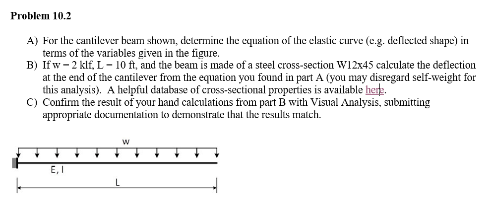 Problem 10.2
A) For the cantilever beam shown, determine the equation of the elastic curve (e.g. deflected shape) in
terms of the variables given in the figure.
B) If w = 2 klf, L = 10 ft, and the beam is made of a steel cross-section W12x45 calculate the deflection
at the end of the cantilever from the equation you found in part A (you may disregard self-weight for
this analysis). A helpful database of cross-sectional properties is available here.
C) Confirm the result of your hand calculations from part B with Visual Analysis, submitting
appropriate documentation to demonstrate that the results match.
↓
E, I
W