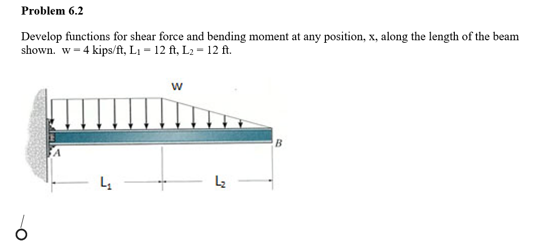 Problem 6.2
Develop functions for shear force and bending moment at any position, x, along the length of the beam
shown. w = 4 kips/ft, L₁ = 12 ft, L₂ = 12 ft.
4₁
W
L₂
B