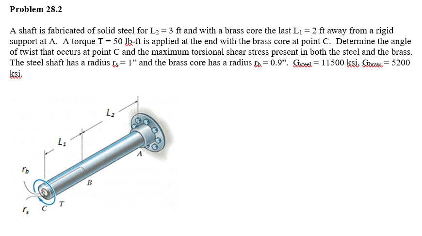 Problem 28.2
A shaft is fabricated of solid steel for L2 = 3 ft and with a brass core the last L₁ = 2 ft away from a rigid
support at A. A torque T = 50 lb-ft is applied at the end with the brass core at point C. Determine the angle
of twist that occurs at point C and the maximum torsional shear stress present in both the steel and the brass.
The steel shaft has a radius [ = 1" and the brass core has a radius = 0.9". Gsteel 11500 ksi, Gbrass = 5200
ksi.
=
rb
4₂
T
B
L₂