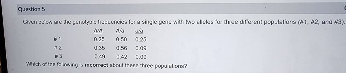 Question 5
Given below are the genotypic frequencies for a single gene with two alleles for three different populations (#1, #2, and #3).
A/A
A/a
a/a
#1
0.25
0.50
0.25
# 2
0.35
0.56
0.09
#3
0.49
0.42 0.09
Which of the following is incorrect about these three populations?
