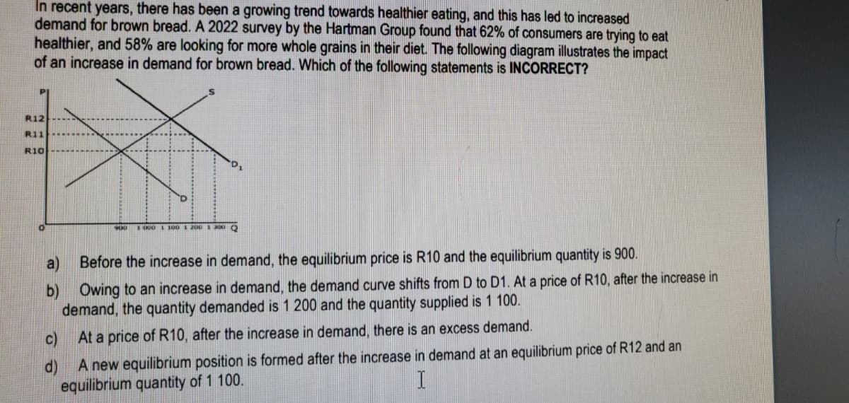 In recent years, there has been a growing trend towards healthier eating, and this has led to increased
demand for brown bread. A 2022 survey by the Hartman Group found that 62% of consumers are trying to eat
healthier, and 58% are looking for more whole grains in their diet. The following diagram illustrates the impact
of an increase in demand for brown bread. Which of the following statements is INCORRECT?
R12
R11
R10
a)
b)
Before the increase in demand, the equilibrium price is R10 and the equilibrium quantity is 900.
Owing to an increase in demand, the demand curve shifts from D to D1. At a price of R10, after the increase in
demand, the quantity demanded is 1 200 and the quantity supplied is 1 100.
At a price of R10, after the increase in demand, there is an excess demand.
A new equilibrium position is formed after the increase in demand at an equilibrium price of R12 and an
equilibrium quantity of 1 100.
I
1 000 1 100 1 200 300 Q
C)
d)