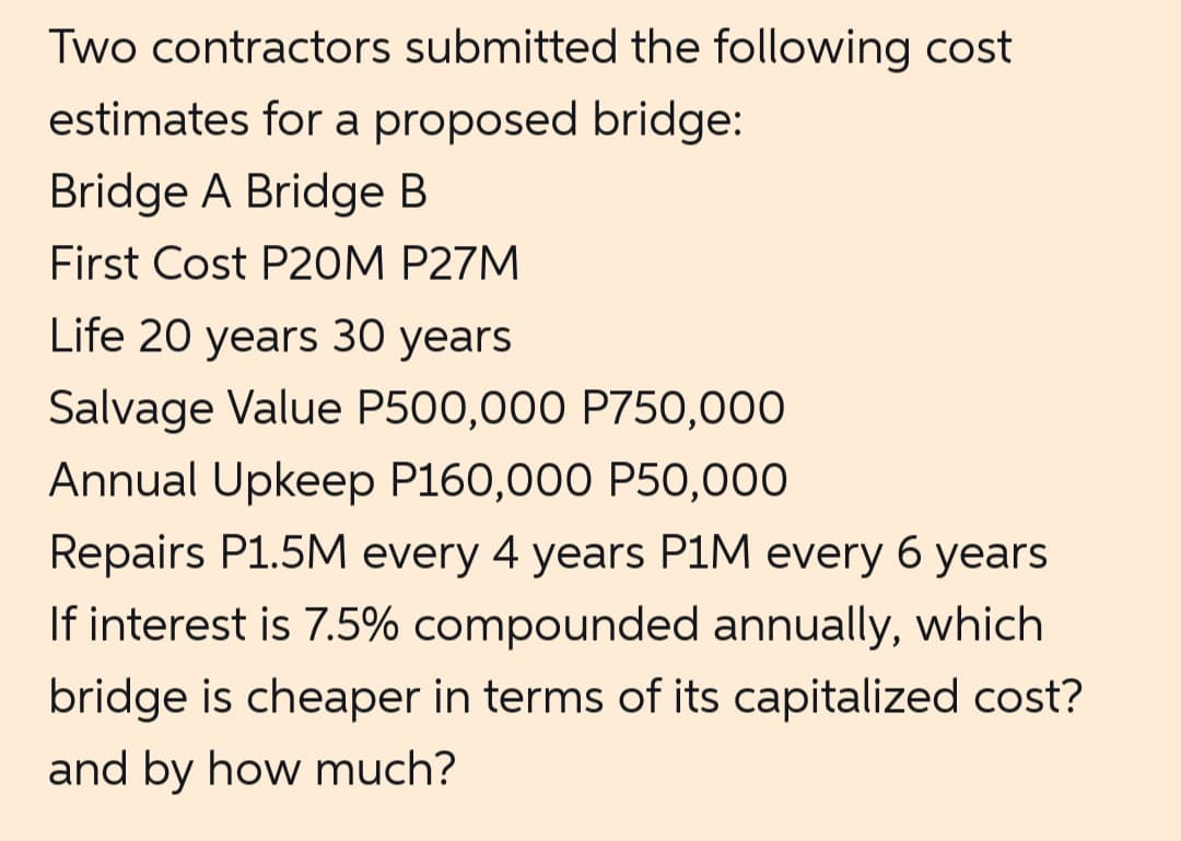 Two contractors submitted the following cost
estimates for a proposed bridge:
Bridge A Bridge B
First Cost P20M P27M
Life 20 years 30 years
Salvage Value P500,000 P750,000
Annual Upkeep P160,000 P50,000
Repairs P1.5M every 4 years P1M every 6 years
If interest is 7.5% compounded annually, which
bridge is cheaper in terms of its capitalized cost?
and by how much?