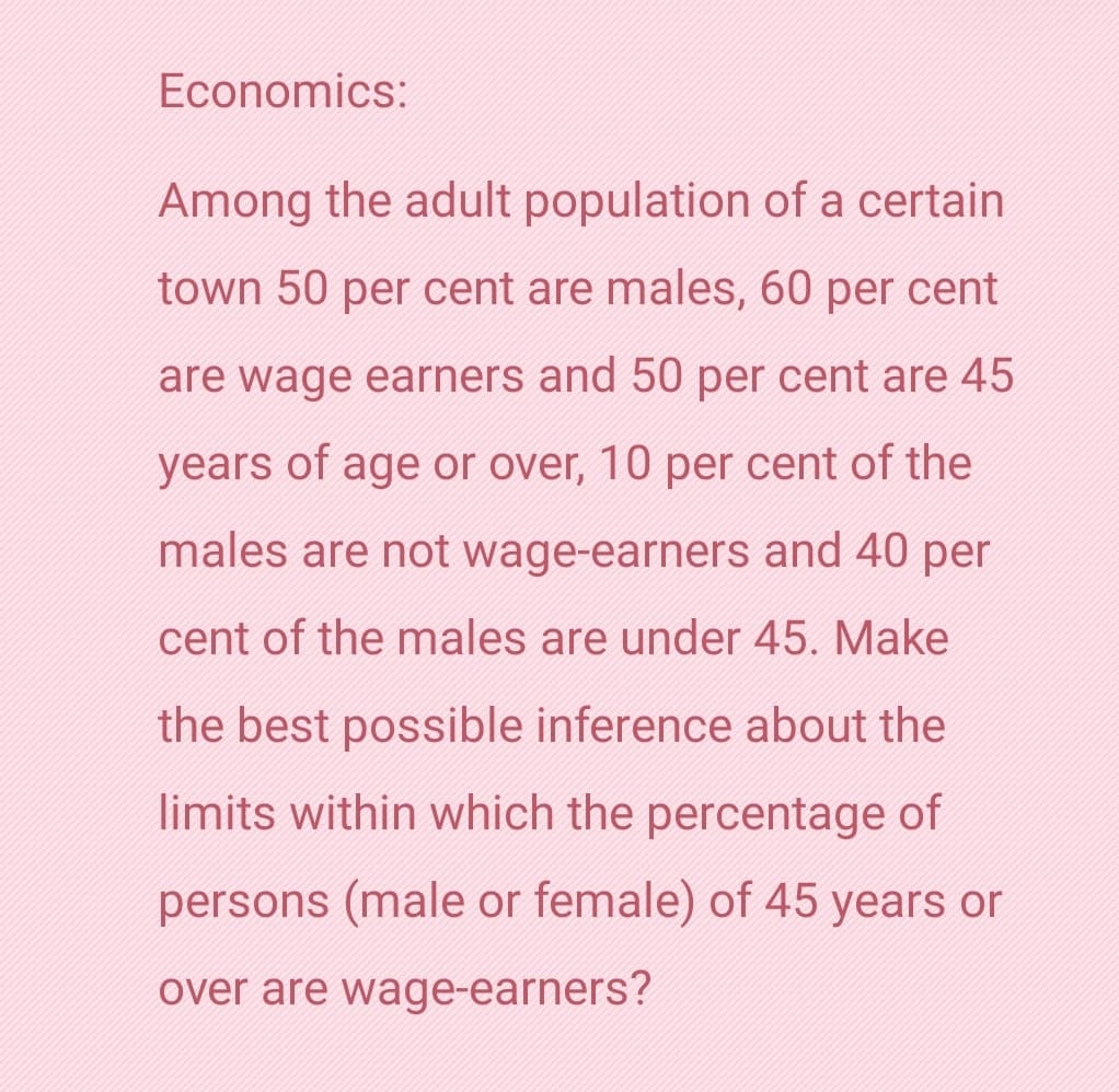 Economics:
Among the adult population of a certain
town 50 per cent are males, 60 per cent
are wage earners and 50 per cent are 45
years of age or over, 10 per cent of the
males are not wage-earners and 40 per
cent of the males are under 45. Make
the best possible inference about the
limits within which the percentage of
persons (male or female) of 45 years or
over are wage-earners?
