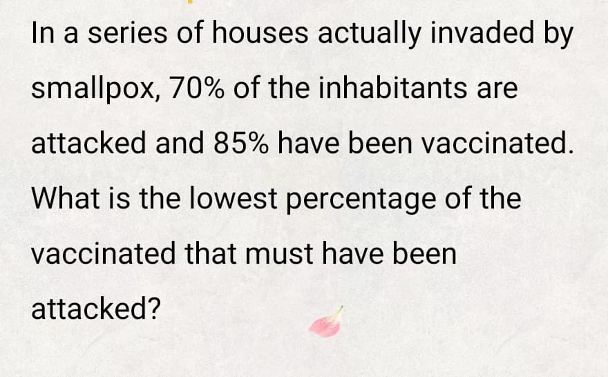In a series of houses actually invaded by
smallpox, 70% of the inhabitants are
attacked and 85% have been vaccinated.
What is the lowest percentage of the
vaccinated that must have been
attacked?
