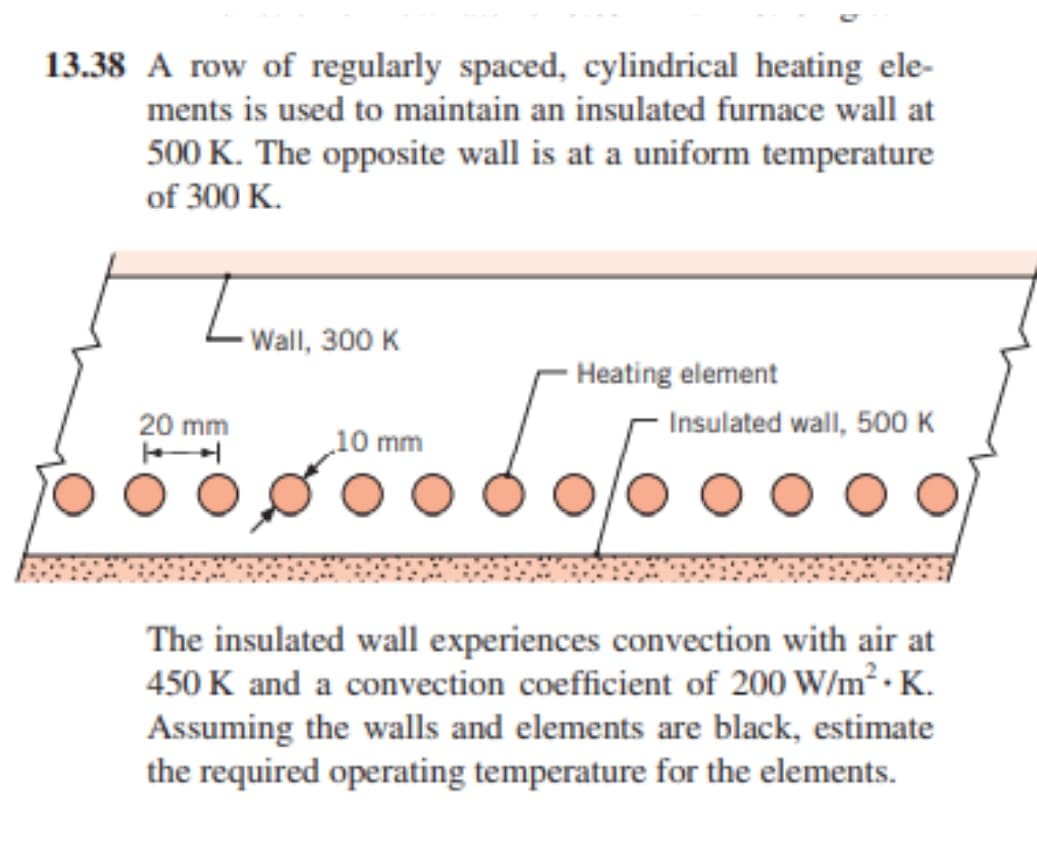 13.38 A row of regularly spaced, cylindrical heating ele-
ments is used to maintain an insulated furnace wall at
500 K. The opposite wall is at a uniform temperature
of 300 K.
20 mm
Wall, 300 K
10 mm
Heating element
Insulated wall, 500 K
The insulated wall experiences convection with air at
450 K and a convection coefficient of 200 W/m².K.
Assuming the walls and elements are black, estimate
the required operating temperature for the elements.