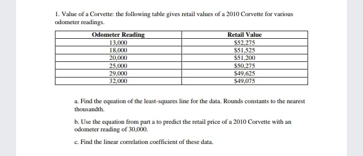1. Value of a Corvette: the following table gives retail values of a 2010 Corvette for various
odometer readings.
Odometer Reading
Retail Value
13,000
18,000
20,000
$52,275
$51,525
$51,200
25,000
29,000
32,000
$50,275
$49,625
$49,075
a. Find the equation of the least-squares line for the data. Rounds constants to the nearest
thousandth.
b. Use the equation from part a to predict the retail price of a 2010 Corvette with an
odometer reading of 30,000.
c. Find the linear correlation coefficient of these data.
