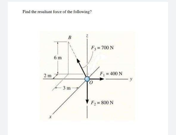 Find the resultant force of the following?
B
F3 = 700 N
6 m
F = 400 N
2 m
3 m
F2 = 800 N

