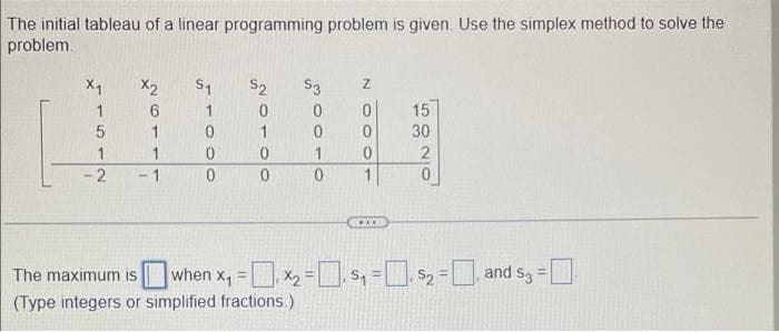 The initial tableau of a linear programming problem is given. Use the simplex method to solve the
problem.
X2
S2
S3
15
1
1
30
1
1
1
-2
1
...
The maximum is
when x, = x2 =S, =D S2 = and s3 =D
, and s3=
%3D
%3D
(Type integers or simplified fractions.)
