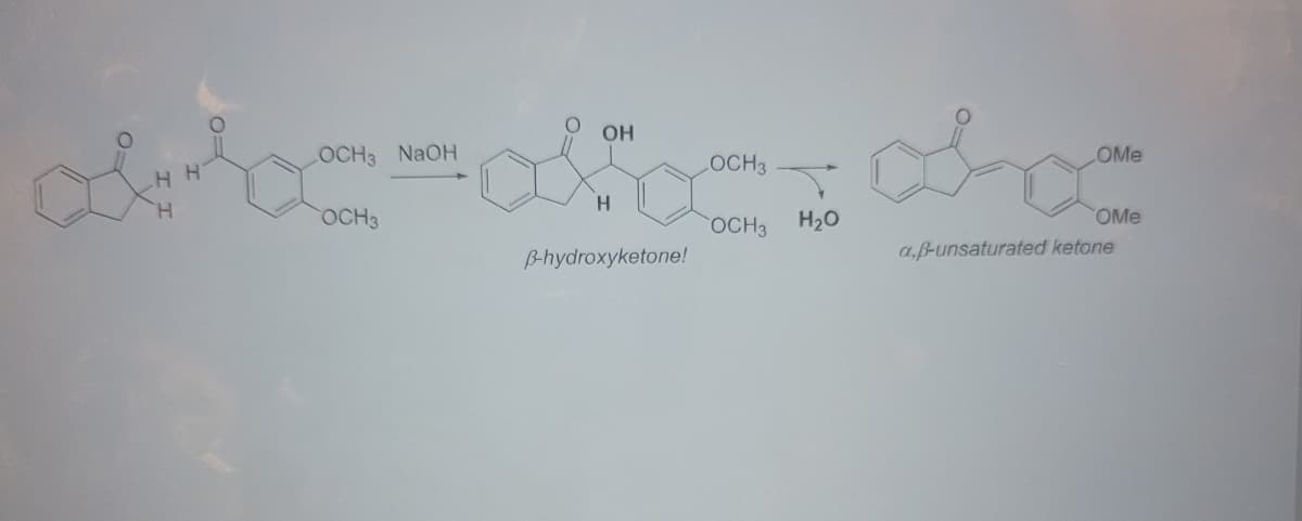 OH
LOCH3 NAOH
OCH3
LOME
H.
OCH3
OCH3
H20
OMe
B-hydroxyketone!
a.f-unsaturated ketone
