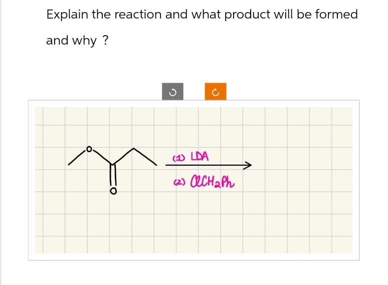 Explain the reaction and what product will be formed
and why?
ว
ง
(1) LDA
(2) CCH₂Ph