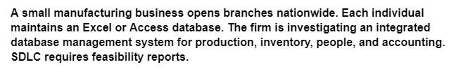 A small manufacturing business opens branches nationwide. Each individual
maintains an Excel or Access database. The firm is investigating an integrated
database management system for production, inventory, people, and accounting.
SDLC requires feasibility reports.