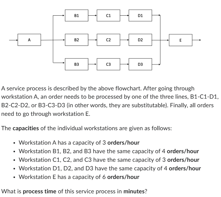 A
B1
B2
B3
C1
C2
C3
D1
D2
D3
E
A service process is described by the above flowchart. After going through
workstation A, an order needs to be processed by one of the three lines, B1-C1-D1,
B2-C2-D2, or B3-C3-D3 (in other words, they are substitutable). Finally, all orders
need to go through workstation E.
The capacities of the individual workstations are given as follows:
Workstation A has a capacity of 3 orders/hour
• Workstation B1, B2, and B3 have the same capacity of 4 orders/hour
• Workstation C1, C2, and C3 have the same capacity of 3 orders/hour
• Workstation D1, D2, and D3 have the same capacity of 4 orders/hour
• Workstation E has a capacity of 6 orders/hour
What is process time of this service process in minutes?