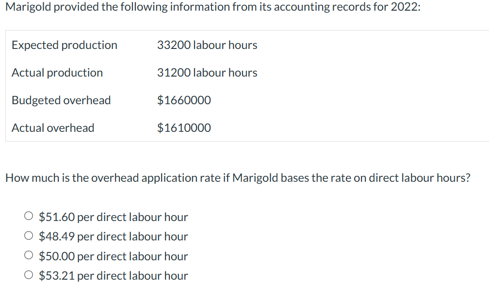 Marigold provided the following information from its accounting records for 2022:
Expected production
Actual production
Budgeted overhead
Actual overhead
33200 labour hours
31200 labour hours
$1660000
$1610000
How much is the overhead application rate if Marigold bases the rate on direct labour hours?
O $51.60 per direct labour hour
O $48.49 per direct labour hour
O $50.00 per direct labour hour
O $53.21 per direct labour hour