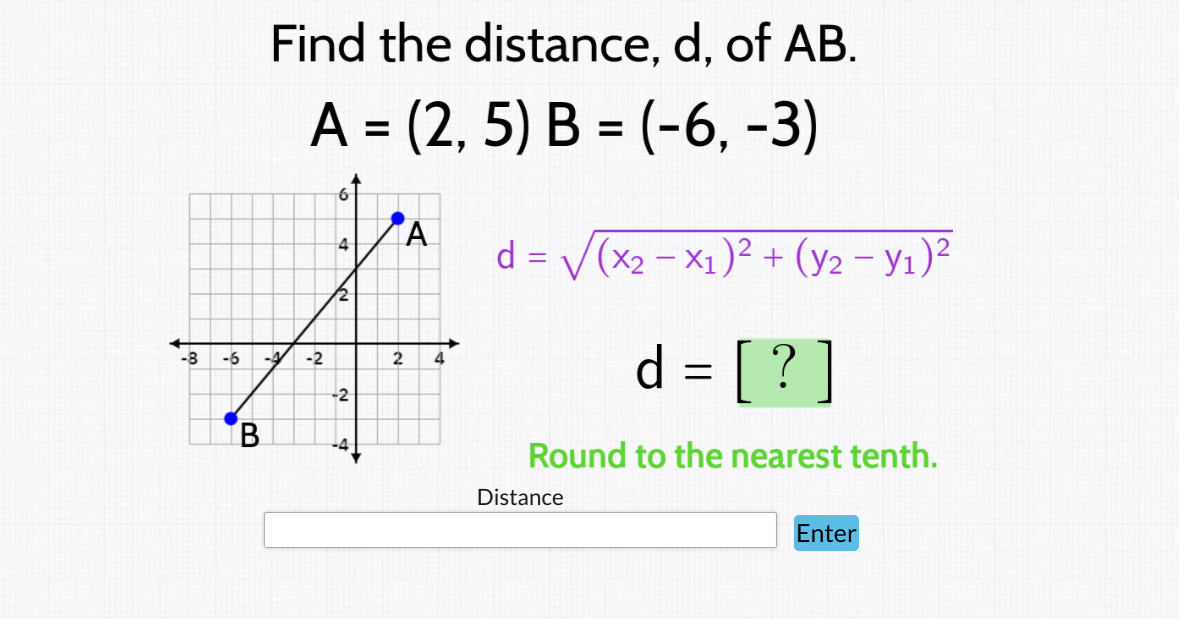 -8
-6
B
Find the distance, d, of AB.
A = (2,5) B = (-6, -3)
-2
6
4
2
-2
-4
2
A
4
d = √(x₂ − ×₁)² + (Y2 − Y1)²
d = [ ? ]
Round to the nearest tenth.
Distance
Enter