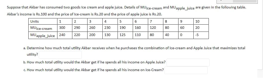 Suppose that Akbar has consumed two goods Ice cream and apple juice. Details of MUice-cream and MUapple_juice are given in the following table.
Akbar's income is Rs.100 and the price of Ice-cream is Rs.20 and the price of apple juice is Rs.20.
Units
1
2
3
4
5
7
8
10
MUice-cream
300
290
260
230
190
160
120
80
60
20
MUapple_juice 240
220
200
130
125
110
80
40
-5
a. Determine how much total utility Akbar receives when he purchases the combination of Ice-cream and Apple Juice that maximizes total
utility?
b. How much total utility would the Akbar get if he spends all his income on Apple Juice?
c. How much total utility would the Akbar get if he spends all his income on Ice-Cream?

