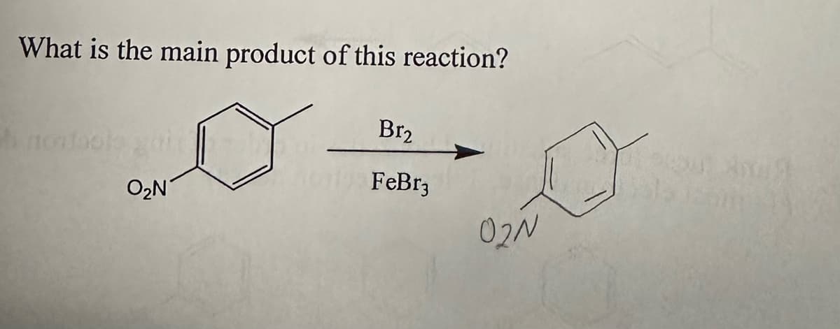 What is the main product of this reaction?
nontools gai
O₂N
Br2
FeBr3
02N
P
