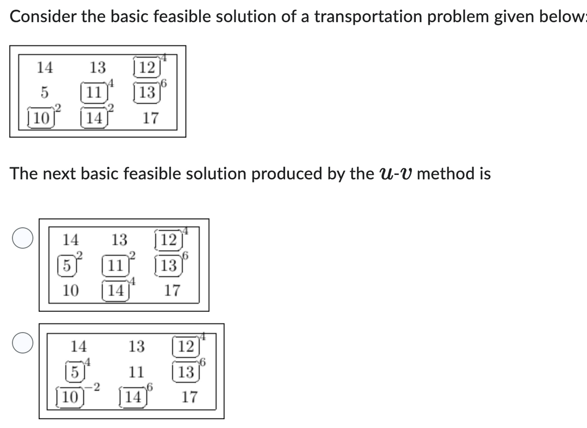 Consider the basic feasible solution of a transportation problem given below:
14
5
10
13 12
11
13
14
14
5
10
The next basic feasible solution produced by the U-V method is
17
14
5
10]
13 12
11
13
14
17
13 12
11 13
14
17