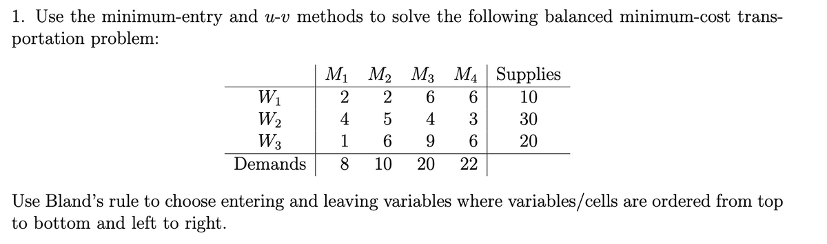 1. Use the minimum-entry and u-v methods to solve the following balanced minimum-cost trans-
portation problem:
W₁
W₂
W3
Demands
M₁
1
M2 M3 M4 Supplies
2
2
6
6
10
4
5
4
3
30
1
6
9
6
20
8 10
20
22
Use Bland's rule to choose entering and leaving variables where variables/cells are ordered from top
to bottom and left to right.