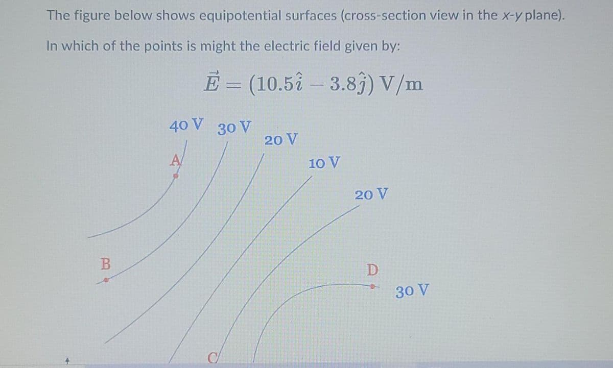 The figure below shows equipotential surfaces (cross-section view in the x-y plane).
In which of the points is might the electric field given by:
È= (10.5å – 3.83) V/m
40 V
30 V
20 V
A
10 V
20 V
B.
D
30 V
