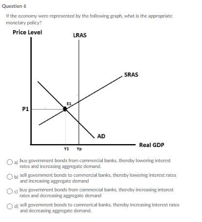 Question 6
If the economy were represented by the following graph, what is the appropriate
monetary policy?
Price Level
LRAS
SRAS
El
P1
AD
Real GDP
Y1 Yp
buy government bonds from commercial banks, thereby lowering interest
rates and increasing aggregate demand.
Ob sell government bonds to commercial banks, thereby lowering interest rates
and increasing aggregate demand
buy government bonds from commercial banks, thereby increasing interest
rates and decreasing aggregate demand
O d) sell government bonds to commerical banks, thereby increasing interest rates
and decreasing aggregate demand.
