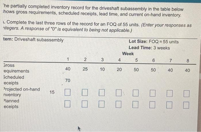 The partially completed inventory record for the driveshaft subassembly in the table below
hows gross requirements, scheduled receipts, lead time, and current on-hand inventory.
1. Complete the last three rows of the record for an FOQ of 55 units. (Enter your responses as
ntegers. A response of "0" is equivalent to being not applicable.)
tem: Driveshaft subassembly
Gross
equirements
Scheduled
eceipts
Projected on-hand
nventory
Planned
eceipts
15
1
40
70
2
25
3
10
4
20
Lot Size: FOQ = 55 units
Lead Time: 3 weeks
Week
5
50
88888
(0)
6
50
7
40
8
40