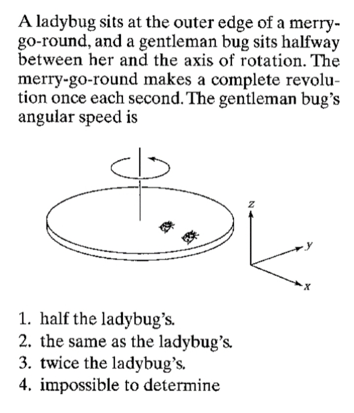 A ladybug sits at the outer edge of a merry-
go-round, and a gentleman bug sits halfway
between her and the axis of rotation. The
merry-go-round makes a complete revolu-
tion once each second. The gentleman bug's
angular speed is
1. half the ladybug's.
2. the same as the ladybug's.
3. twice the ladybug's.
4. impossible to determine
