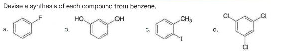 Devise a synthesis of each compound from benzene.
но
OH
CH3
а.
b.
с.
d.
