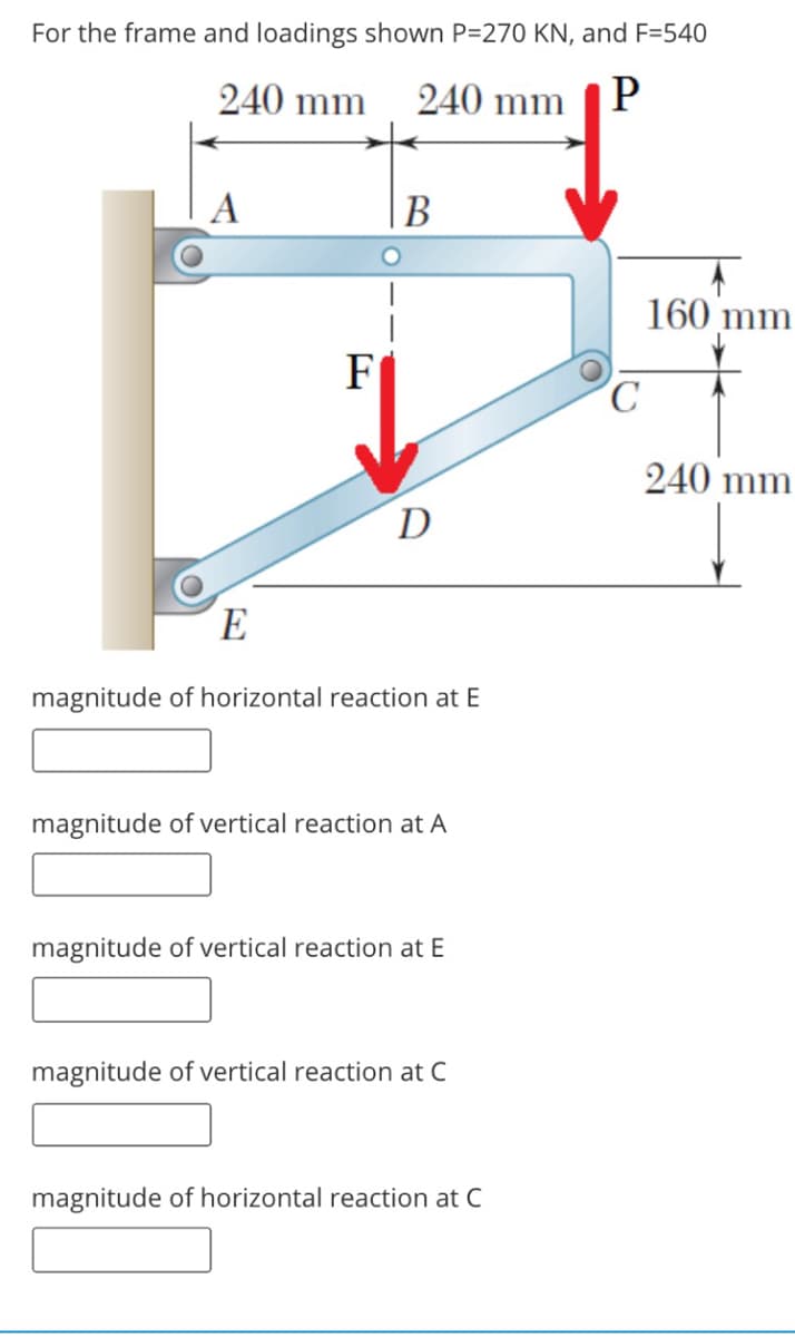 For the frame and loadings shown P=270 KN, and F=540
240 mm
240 mm
A
В
160 mm
F
240 mm
D
magnitude of horizontal reaction at E
magnitude of vertical reaction at A
magnitude of vertical reaction at E
magnitude of vertical reaction at C
magnitude of horizontal reaction at C
