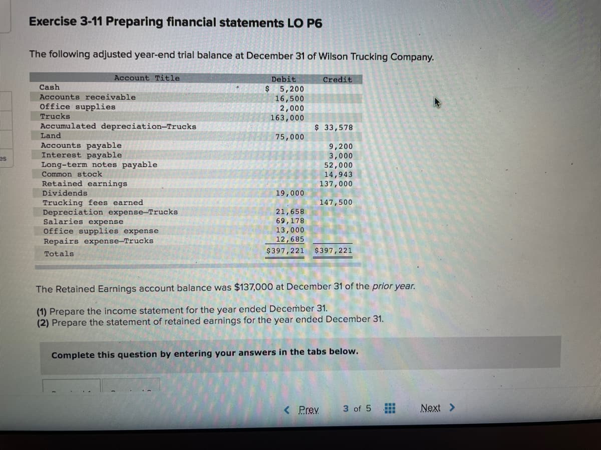 Exercise 3-11 Preparing financial statements LO P6
The following adjusted year-end trial balance at December 31 of Wilson Trucking Company.
Account Title
Debit
Credit
Cash
$ 5,200
16,500
2,000
163,000
Accounts receivable
Office supplies
Trucks
Accumulated depreciation-Trucks
Land
$33,578
75,000
Accounts payable
Interest payable
Long-term notes payable
Common stock
9,200
3,000
52,000
14,943
137,000
es
Retained earnings
Dividends
19,000
Trucking fees earned
Depreciation expense-Trucks
Salaries expense
Office supplies expense
Repairs expense-Trucks
147,500
21,658
69,178
13,000
12,685
Totals
$397,221
$397,221
The Retained Earnings account balance was $137,000 at December 31 of the prior year.
(1) Prepare the income statement for the year ended December 31.
(2) Prepare the statement of retained earnings for the year ended December 31.
Complete this question by entering your answers in the tabs below.
< Prev
3 of 5
Next >
