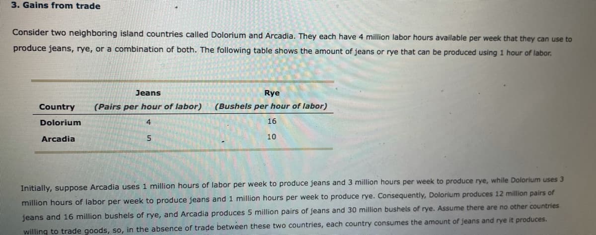 3. Gains from trade
Consider two neighboring island countries called Dolorium and Arcadia. They each have 4 million labor hours available per week that they can use to
produce jeans, rye, or a combination of both. The following table shows the amount of jeans or rye that can be produced using 1 hour of labor.
Jeans
Rye
Country
(Pairs per hour of labor)
(Bushels per hour of labor)
Dolorium
4
16
Arcadia
5.
10
Initially, suppose Arcadia uses 1 million hours of labor per week to produce jeans and 3 million hours per week to produce rye, while Dolorium uses 3
million hours of labor per week to produce jeans and 1 million hours per week to produce rye. Consequently, Dolorium produces 12 million pairs of
jeans and 16 million bushels of rye, and Arcadia produces 5 million pairs of jeans and 30 million bushels of rye. Assume there are no other countries
willing to trade goods, so, in the absence of trade between these two countries, each country consumes the amount of jeans and rye it produces.

