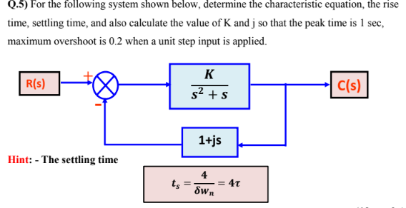 Q.5) For the following system shown below, determine the characteristic equation, the rise
time, settling time, and also calculate the value of K and j so that the peak time is 1 sec,
maximum overshoot is 0.2 when a unit step input is applied.
K
R(s)
C(s)
s2 + s
1+js
Hint: - The settling time
4
ts
47
%3D
Swn
