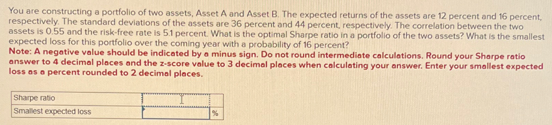 You are constructing a portfolio of two assets, Asset A and Asset B. The expected returns of the assets are 12 percent and 16 percent,
respectively. The standard deviations of the assets are 36 percent and 44 percent, respectively. The correlation between the two
assets is 0.55 and the risk-free rate is 5.1 percent. What is the optimal Sharpe ratio in a portfolio of the two assets? What is the smallest
expected loss for this portfolio over the coming year with a probability of 16 percent?
Note: A negative value should be indicated by a minus sign. Do not round intermediate calculations. Round your Sharpe ratio
answer to 4 decimal places and the z-score value to 3 decimal places when calculating your answer. Enter your smallest expected
loss as a percent rounded to 2 decimal places.
Sharpe ratio
Smallest expected loss
I
%
