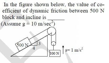 In the figure shown below, the value of co-
efficient of dynamic friction between 500 N
block and incline is
(Assume g = 10 m/sec²)
500 N
3
a= 1 m/s²
100 N