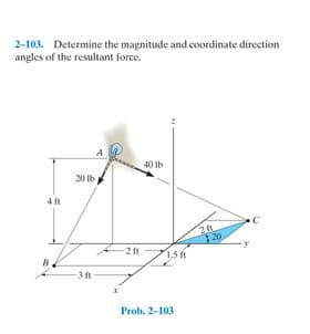 2-103. Determine the magnitude and coordinate direction
angles of the resultant force.
A
40 lb
20 Ib
4 t
20
2 f
15 fi
B
3ft
Prob. 2-103
