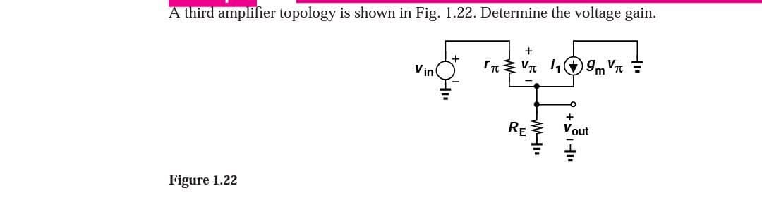 A third amplifier topology is shown in Fig. 1.22. Determine the voltage gain.
Figure 1.22
Vin
#0'4"
+
TV₁ 1₁9m
RE
+
Vout
"F