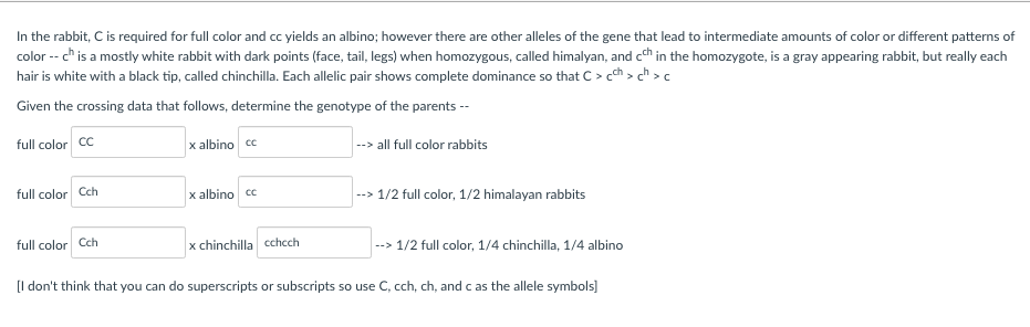 In the rabbit, C is required for full color and cc yields an albino; however there are other alleles of the gene that lead to intermediate amounts of color or different patterns of
color -- ch is a mostly white rabbit with dark points (face, tail, legs) when homozygous, called himalyan, and cch in the homozygote, is a gray appearing rabbit, but really each
> cch >ch >c
hair is white with a black tip, called chinchilla. Each allelic pair shows complete dominance so that C >
Given the crossing data that follows, determine the genotype of the parents --
full color CC
full color Cch
full color Cch
x albino cc
x albino cc
x chinchilla cchcch
--> all full color rabbits
--> 1/2 full color, 1/2 himalayan rabbits
--> 1/2 full color, 1/4 chinchilla, 1/4 albino
[I don't think that you can do superscripts or subscripts so use C, cch, ch, and c as the allele symbols]