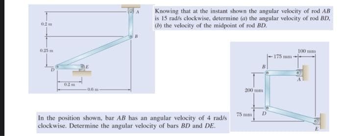 0.2 m
0.25 m
D
E
0.6 m-
Knowing that at the instant shown the angular velocity of rod AB
is 15 rad/s clockwise, determine (a) the angular velocity of rod BD.
(b) the velocity of the midpoint of rod BD.
In the position shown, bar AB has an angular velocity of 4 rad/s
clockwise. Determine the angular velocity of bars BD and DE.
200 mm
75 mm
D
175 mm -
100 mm
E