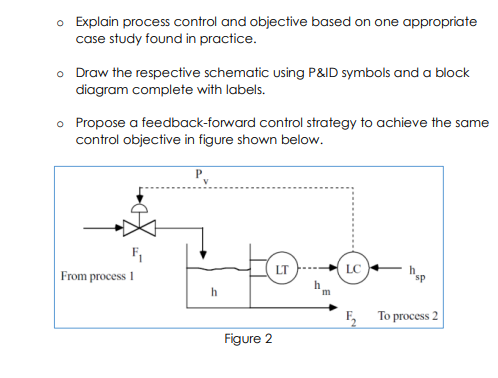 o Explain process control and objective based on one appropriate
case study found in practice.
o Draw the respective schematic using P&ID symbols and a block
diagram complete with labels.
o Propose a feedback-forward control strategy to achieve the same
control objective in figure shown below.
P
LC
From process 1
h
m
F,
To process 2
Figure 2
