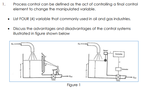 Process control can be defined as the act of controlling a final control
element to change the manipulated variable.
1.
• List FOUR (4) variable that commonly used in oil and gas industries.
• Discuss the advantages and disadvantages of the control systems
illustrated in figure shown below
Sener
Contrler
Artor
Valve
Valve
Figure 1
