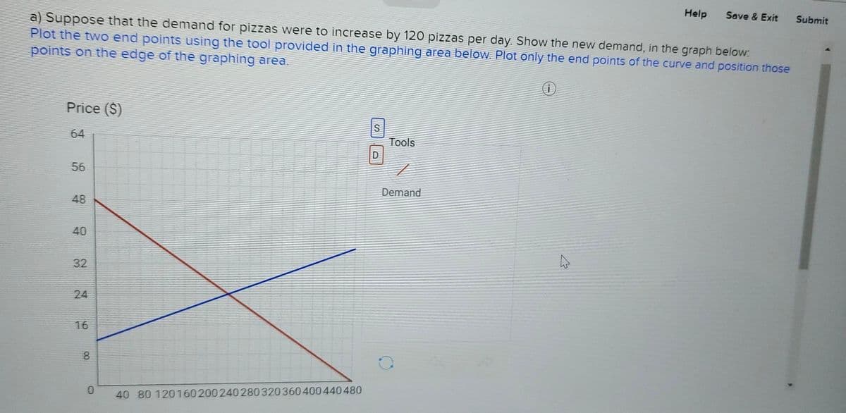 Price ($)
a) Suppose that the demand for pizzas were to increase by 120 pizzas per day. Show the new demand, in the graph below:
Plot the two end points using the tool provided in the graphing area below. Plot only the end points of the curve and position those
points on the edge of the graphing area.
64
56
48
40
32
24
16
8
0
40 80 120160200240 280 320 360 400 440 480
S
D
Tools
Demand
Help
i
Save & Exit Submit