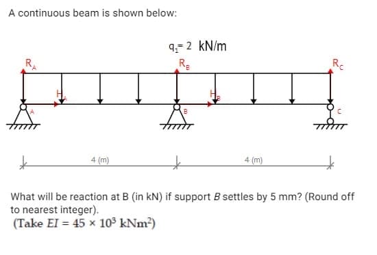 A continuous beam is shown below:
RA
4 (m)
9₁=2 kN/m
Re
B
4 (m)
Re
PITT
What will be reaction at B (in kN) if support B settles by 5 mm? (Round off
to nearest integer).
(Take EI = 45 x 10³ kNm²)