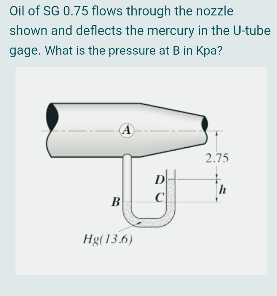 Oil of SG 0.75 flows through the nozzle
shown and deflects the mercury in the U-tube
gage. What is the pressure at B in Kpa?
A
2.75
D
h
B
C
Hg(13.6)
