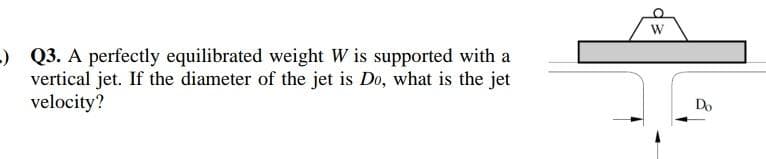 .) Q3. A perfectly equilibrated weight W is supported with a
vertical jet. If the diameter of the jet is Do, what is the jet
velocity?
W
Do