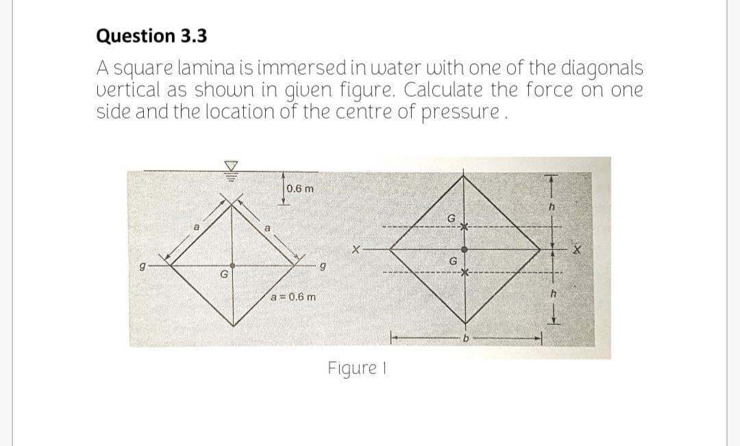 Question 3.3
A square lamina is immersed in water with one of the diagonals
vertical as shown in given figure. Calculate the force on one
side and the location of the centre of pressure.
0.6 m
a
G
g
a = 0.6 m
Figure I
