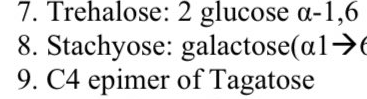7. Trehalose: 2 glucose a-1,6
8. Stachyose: galactose(al->6
9. C4 epimer of Tagatose

