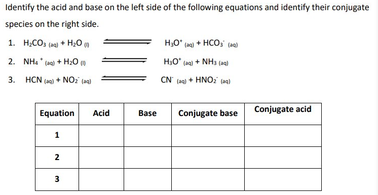 Identify the acid and base on the left side of the following equations and identify their conjugate
species on the right side.
1. H2CO3 (aq) + H20 (1)
H3O* (aq) + HCO3 (aq)
2. NH4 * (aq) + H2O (1)
H3O* (aq) + NH3 (aq)
3. HCN (aq) + NO2 (aq)
CN' (aq) + HNO2 (aq)
Equation
Acid
Conjugate base
Conjugate acid
Base
1
2
3
